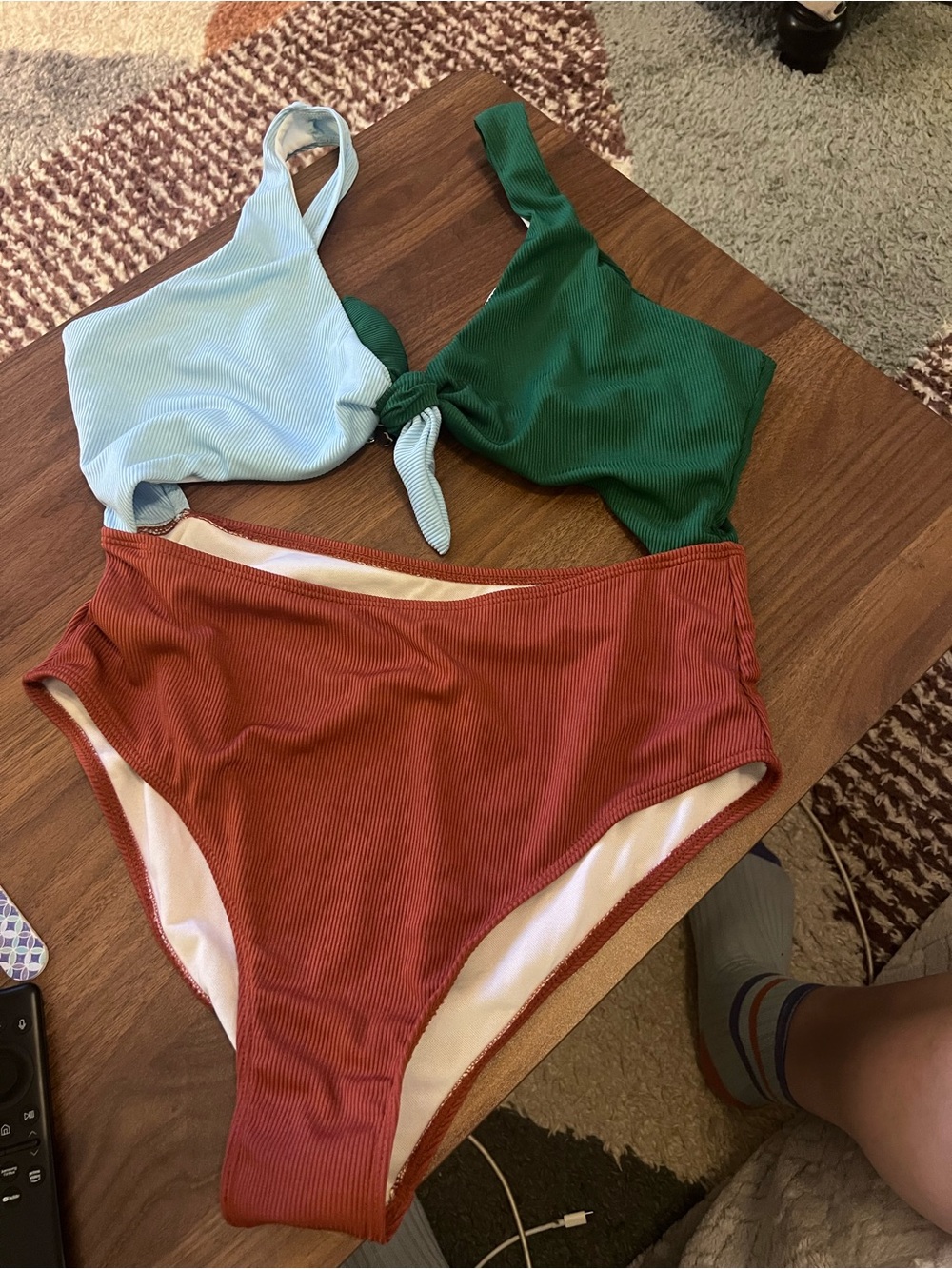 One piece swimsuit cut out in Sky Blue, Emerald Green & Rust